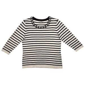 Roz & Ali Sweater Womens XL Black White Stripe Beaded Neck 3/4 Sleeve